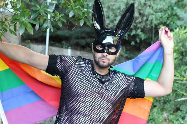 Close Retrato Bonito Jovem Gay Orgulho Traje Com Coelho Máscara — Fotografia de Stock