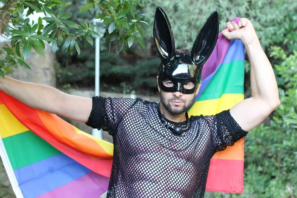 Close Retrato Bonito Jovem Gay Orgulho Traje Com Coelho Máscara — Fotografia de Stock