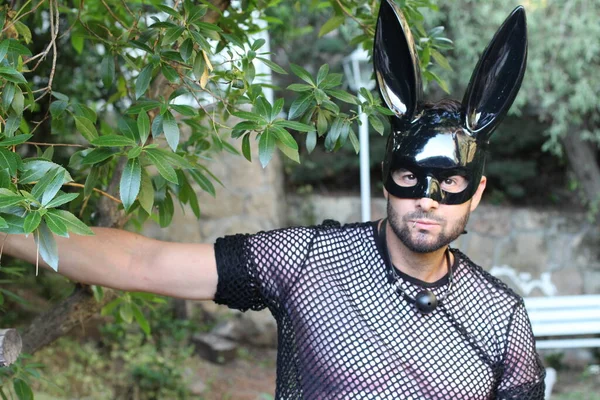 Close Portrait Handsome Young Man Gay Pride Costume Rabbit Mask — Stock Photo, Image