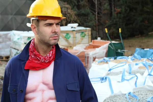 Close Retrato Belo Jovem Construtor Capacete Camisa Com Músculos Imprimir — Fotografia de Stock