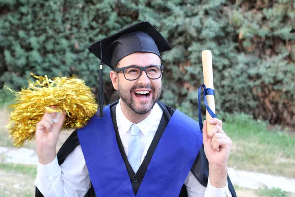 Portrait Gros Plan Beau Jeune Étudiant Vêtements Fin Études Avec — Photo