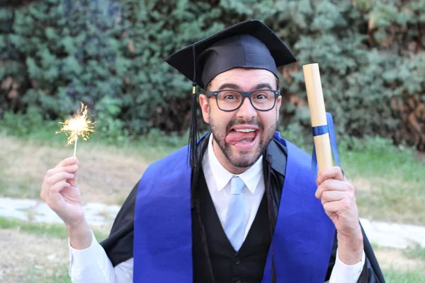 Portrait Gros Plan Beau Jeune Étudiant Vêtements Fin Études Avec — Photo