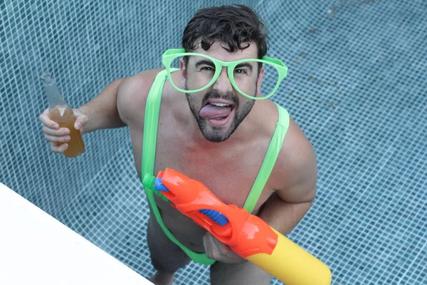 Nahaufnahme Porträt Eines Verspielten Jungen Schwulen Mannes Grünem Badeanzug Und — Stockfoto
