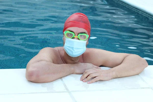 Close Portrait Handsome Young Man Medical Protective Mask Swimming Goggles — Stock Photo, Image