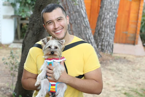 Close Portrait Handsome Young Man Cute Little Puppy Street — Stock Photo, Image