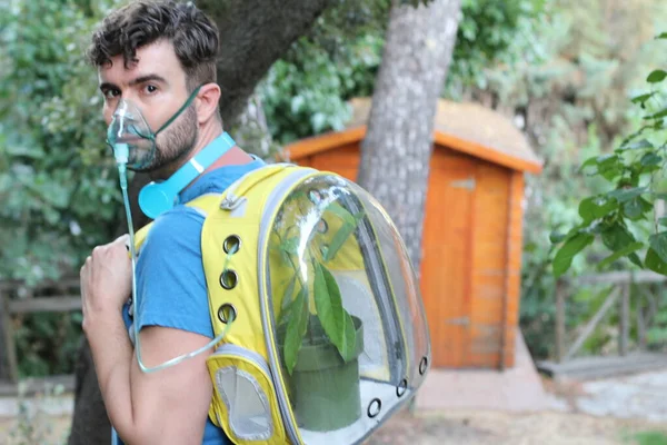 Portrait Gros Plan Beau Jeune Homme Avec Une Plante Dans — Photo