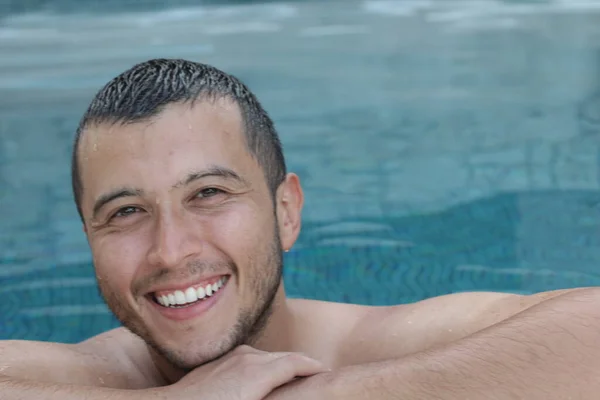 Close Portrait Handsome Young Man Swimming Pool Looking Camera — Stock Photo, Image