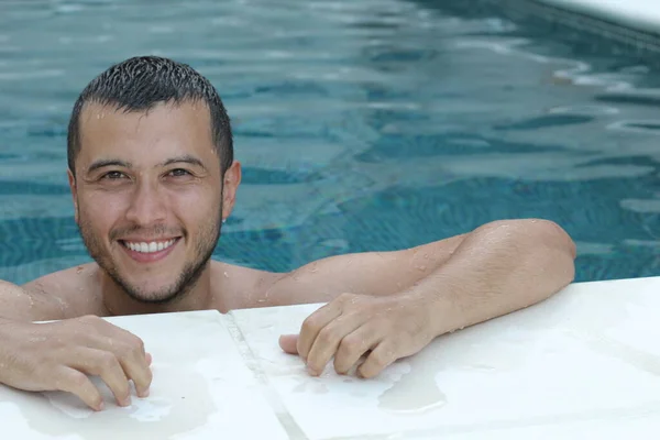 Close Portrait Handsome Young Man Swimming Pool Looking Camera — Stock Photo, Image