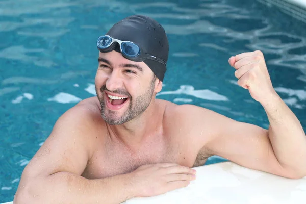 Close Portrait Handsome Young Man Swimming Goggles Rubber Hat Swimming — Stock Photo, Image