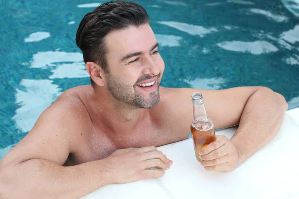 Close Portrait Handsome Young Man Bottle Beer Relaxing Swimming Pool — Stock Photo, Image