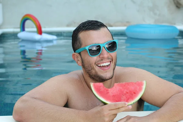 Close Portrait Handsome Young Man Swimming Pool Looking Camera — Stock Photo, Image