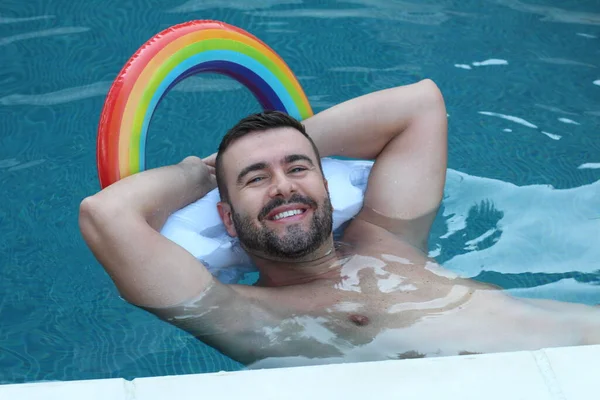 Retrato Primer Plano Del Joven Guapo Piscina Con Almohada Inflable —  Fotos de Stock