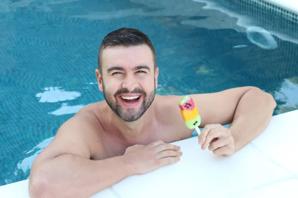 Close Portrait Handsome Young Man Swimming Pool Colorful Ice Cream — Stock Photo, Image