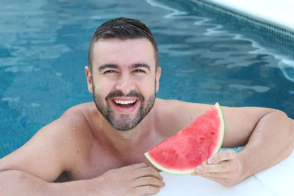 Nahaufnahme Porträt Eines Hübschen Jungen Mannes Mit Einer Scheibe Wassermelone — Stockfoto