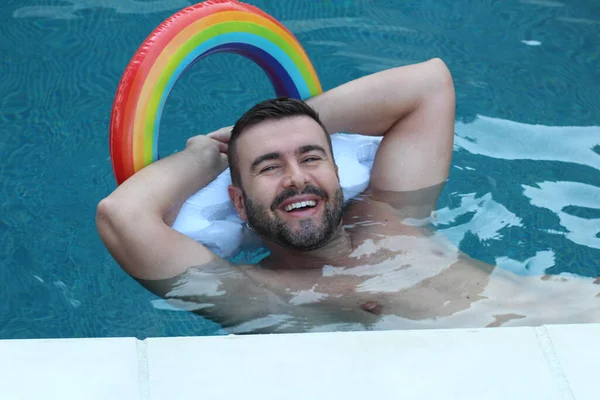 Close Portrait Handsome Young Man Swimming Pool Inflatable Pillow Rainbow — Stock Photo, Image