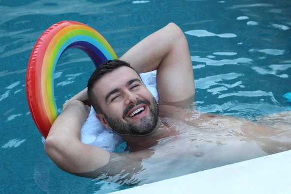 Close Portrait Handsome Young Man Swimming Pool Inflatable Pillow Rainbow — Stock Photo, Image