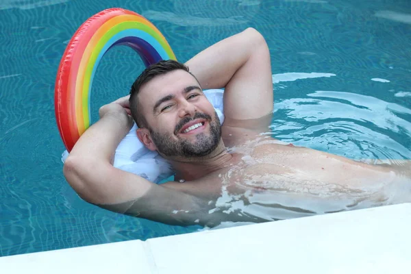 Close Portrait Handsome Young Man Swimming Pool Inflatable Pillow Rainbow — Stock Photo, Image