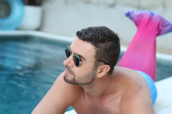 Close Portrait Handsome Young Man Mermaid Tail Swimming Pool — Stock Photo, Image