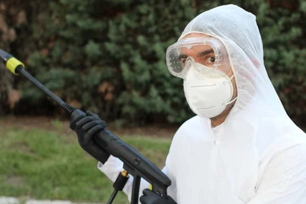 Close Portrait Young Man Medical Protective Mask Goggles Costume Park — Stock Photo, Image