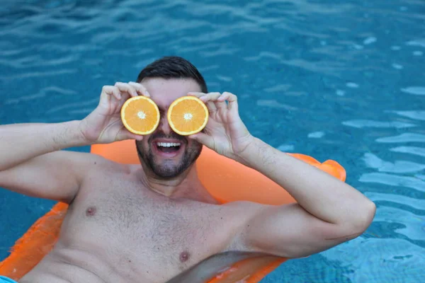 Close Portrait Handsome Young Man Floating Inflatable Mattress Swimming Pool — Stock Photo, Image