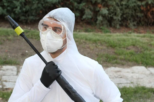 Close Portrait Young Man Medical Protective Mask Goggles Costume Park — Stock Photo, Image