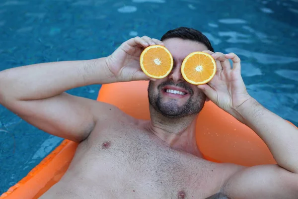 Close Portrait Handsome Young Man Floating Inflatable Mattress Holding Halves — Stock Photo, Image