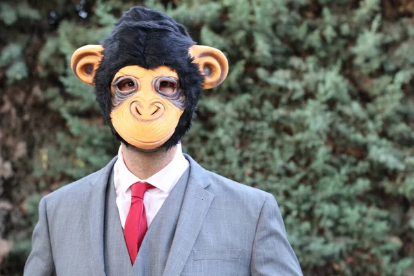 close-up portrait of businessman in monkey mask in park