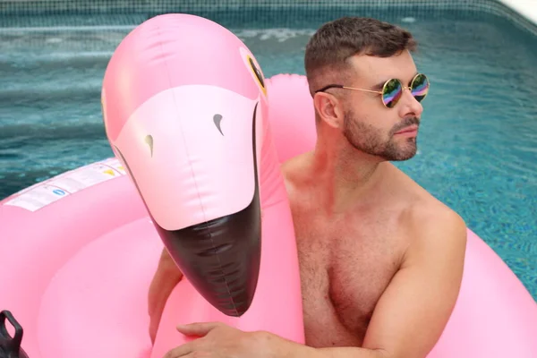 Close Portrait Handsome Young Man Pink Inflatable Flamingo Swimming Pool — Stock Photo, Image