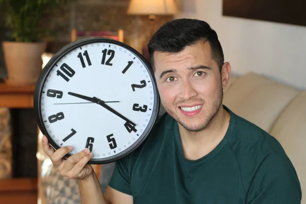 Close Portrait Handsome Young Man Clock Home — Stock Photo, Image