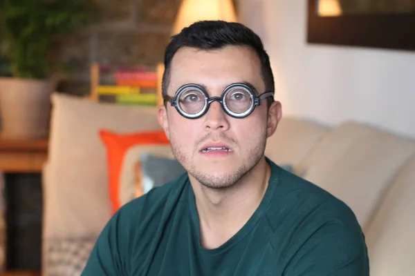 Close Portrait Handsome Young Man Eyeglasses Home — Stock Photo, Image