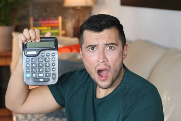 Portrait Handsome Young Man Holding Calculator Home — Stock Photo, Image