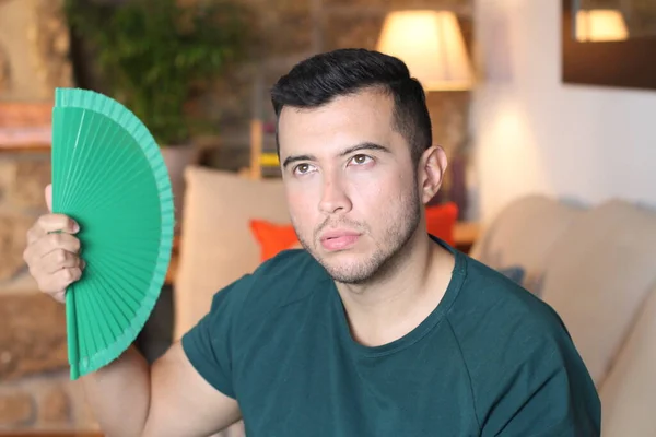 Close Retrato Belo Jovem Com Ventilador Mão Casa — Fotografia de Stock