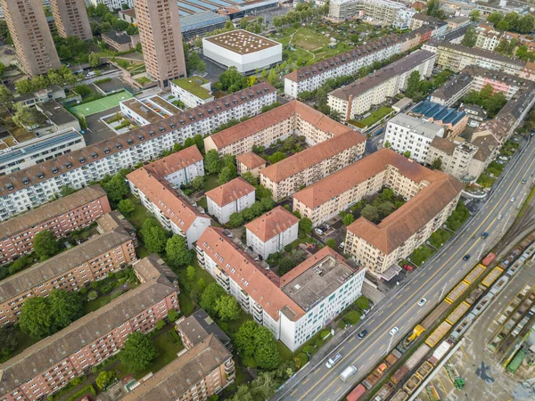 Aerial view of buildings and urban cityscape with streets in overhead view. Beautiful roof of urban housing. Zurich city in Switzerland in Europe from above.