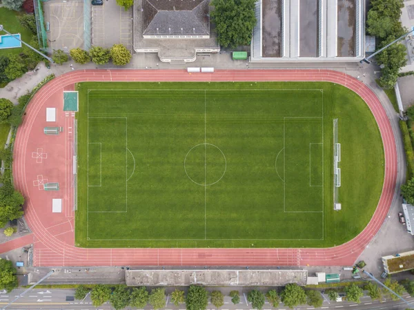 Aerial view of football goal. Empty soccer field with white lines. — Stock Image Aerial View Football Goal Empty Soccer Field White Lines Stock Picture
