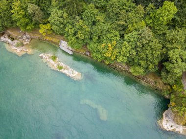 Sahil şeridinde sakin su bulunan sahilin havadan görünüşü. Güzel plajı ve ağaçları olan manzaralı bir yer..