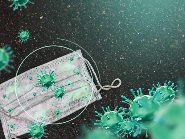 Tek kullanımlık tıbbi yüz maskesi yerde yatıyor. Virüs 3 boyutlu yeşil.. 