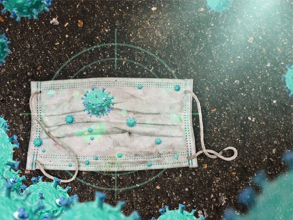Tek kullanımlık tıbbi yüz maskesi yerde yatıyor. Virüs 3 boyutlu yeşil.. 