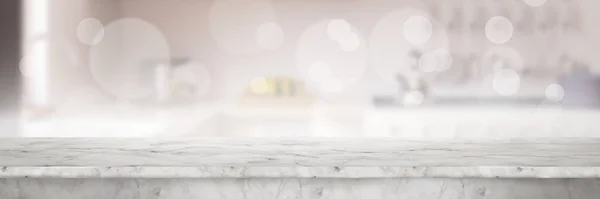 Beyaz taş mermer masa üstü ve mutfak odası soyut arkaplan bulanıklığı.