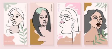 El çizimi trend tasvirleri, sürekli çizgiler, kadın yüzü çizimi, sürekli çizgi, minimalist kavram. Pastel renkler 