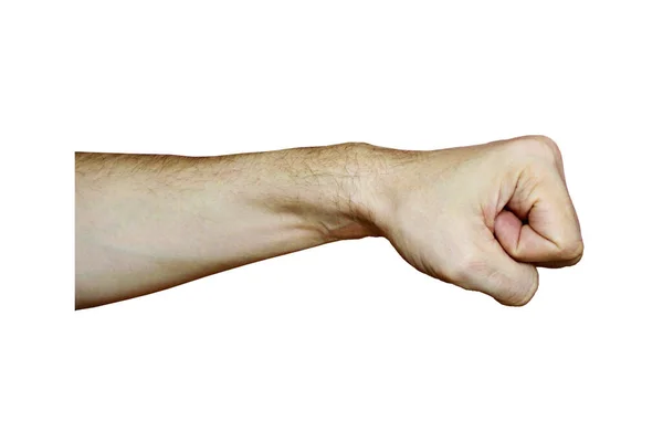 Mano masculina con piel clara muestra un gesto, mano sobre un fondo de aislamiento blanco —  Fotos de Stock
