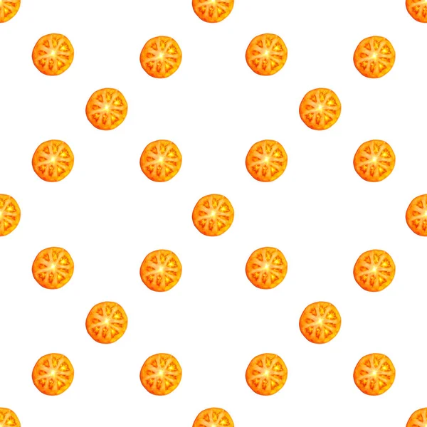 Sulu kırmızı domates dilimlerinin kusursuz sonsuz deseni. Paket kağıdı, kumaş ve duvar kağıdı için tasarım