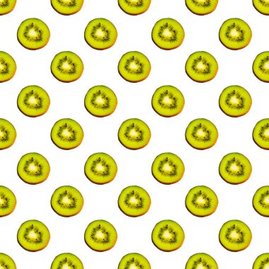 Beyaz arka planda izole edilmiş sulu yeşil kivi meyvelerinin kusursuz desenleri. Paket kağıdı, kumaş ve duvar kağıdı için tasarım