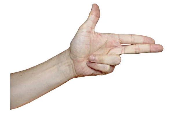 Main masculine à la peau claire montre un geste, la main sur un fond d'isolement blanc — Photo