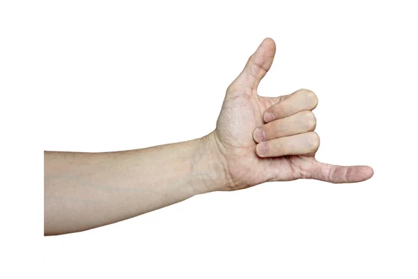 Main masculine à la peau claire montre un geste, la main sur un fond d'isolement blanc — Photo