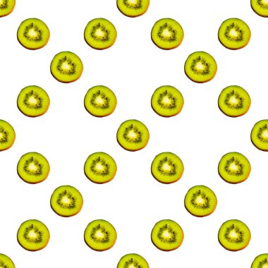 Beyaz arka planda izole edilmiş sulu yeşil kivi meyvelerinin kusursuz desenleri. Paket kağıdı, kumaş ve duvar kağıdı için tasarım.