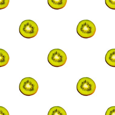 Beyaz arka planda izole edilmiş sulu yeşil kivi meyvelerinin kusursuz desenleri. Paket kağıdı, kumaş ve duvar kağıdı için tasarım.
