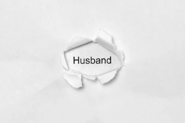 Word Husband White Isolated Background Inscription Wound Hole Paper Stock — Stock Photo, Image