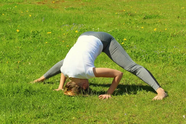 Mujer Joven Apariencia Europea Hace Yoga Naturaleza Verano Foto Alta — Foto de Stock
