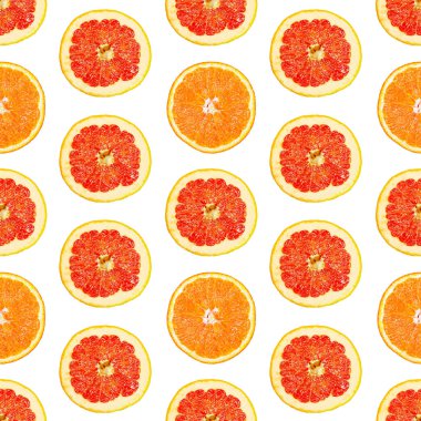 İzole edilmiş greyfurt ve portakal dilimlerinin kusursuz sonsuz deseni. Web ve baskı, duvar kağıdı, arkaplan, tasarım ve paketleme, paketleme, paketleme ve yapıştırma kitabı için stok illüstrasyonu