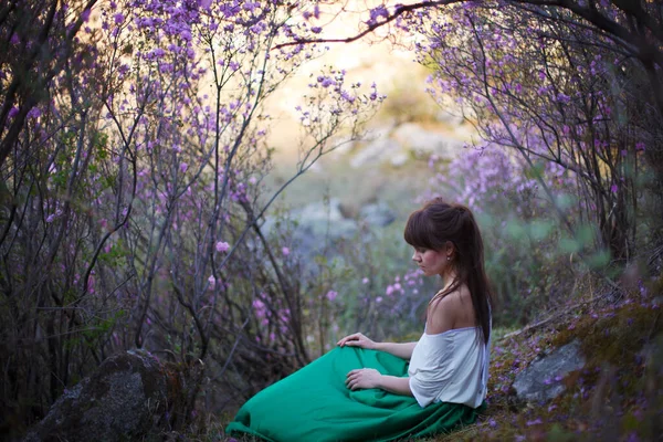 Uma Menina Caminha Flor Flores Contra Pano Fundo Uma Paisagem — Fotografia de Stock